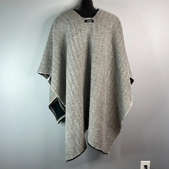 LAUREN RALPH LAUREN Reversable Cape Black Plaid/ Grey Herringbone Prep Classic - Picture 9 of 11